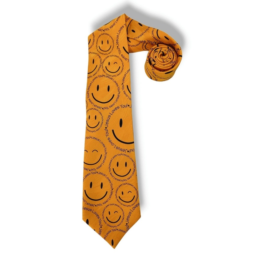 Keith Daniels Necktie Jesus Loves You Happy Face Mustard Gold Black Novelty OS